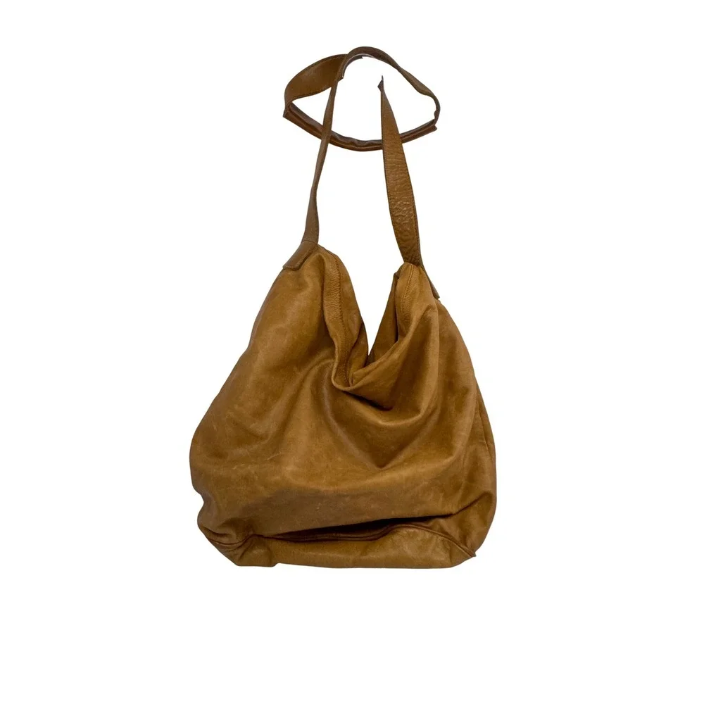IKKS Brown Leather Hobo Shoulder Bag Large Slouchy Tote Cognac‎ Distressed Y2K